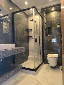 a bathroom with a glass shower with a toilet at Aphrodite Sea View Apartment in Perea +7 photos