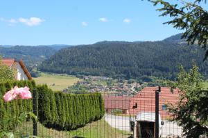 a view from a house with a fence and trees at Gite chez Isabelle in Villers-le-Lac