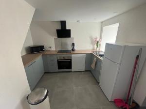 a small kitchen with a refrigerator and a sink at Gite le Patou Retournac in Retournac