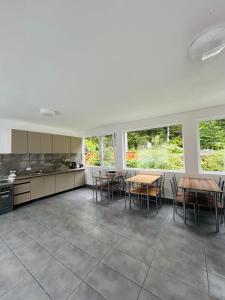 a large kitchen with tables and chairs and windows at Casa Ursu in Cârțișoara