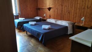 two beds in a room with wooden walls at B&B GabriEle in Molina di Ledro