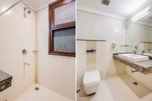 two pictures of a bathroom with a toilet and a sink at Eco-chic haven in Gurgaon with balcony in Gurgaon