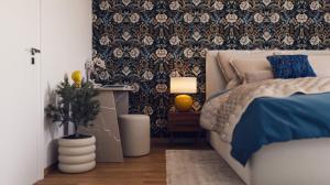 クレムス・アン・デア・ドナウにあるDanube Hills 319の花の壁紙を用いたベッドルーム1室(ベッド1台付) +20枚の写真