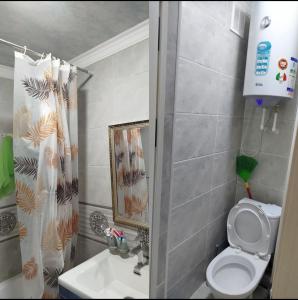 a small bathroom with a toilet and a sink at Apartment near to the centre in Nukus