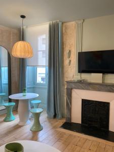 a living room with a fireplace and a tv at Le studio Grande Maison Perrier in Montbrison