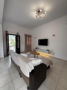 a living room with a couch and a flat screen tv at Amelia's Home in Symi