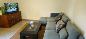 a living room with a couch and a coffee table at Nid Douillet Climatisée ''MEETT - Aéroscopia - TRAMWAY'' in Aussonne