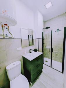 Un baño con inodoro, lavabo y ducha. en El Faro Centro de Málaga con Parking 445 Max, en Málaga