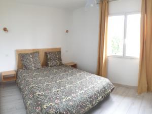 a bedroom with a bed with a comforter and a window at Nid Douillet Climatisée ''MEETT - Aéroscopia - TRAMWAY'' in Aussonne