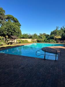 a swimming pool with a table in front of it at Port Edward Guesthouse in Port Edward