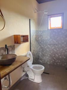a bathroom with a sink and a toilet and a shower at Hospedagem Fernandes Cunha, SP in Cunha