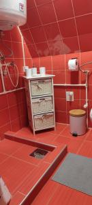 a red tiled bathroom with a sink and a toilet at Hilltop cabin in Podgorica