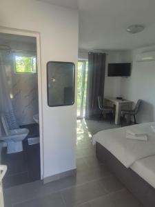 a hotel room with a bed and a bathroom at Casa Alexia in Pescari