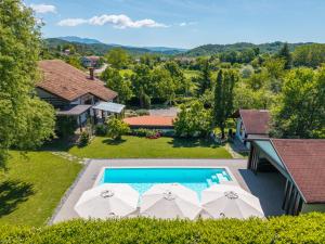 an aerial view of a house with a swimming pool at Villa Bella, villa with heated Pool in Cerovlje