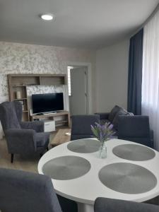 a living room with a white table and chairs at Aria in Veliko Gradište