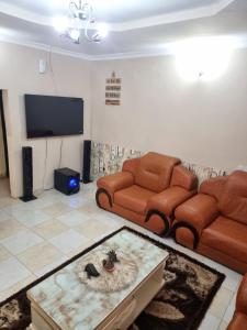 a living room with two couches and a tv at Divine Homestay Arusha in Arusha