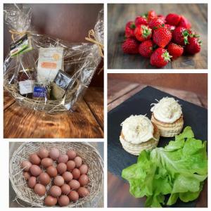 een collage van vier foto's met eieren en aardbeien bij Gîte du Bois l'Abbé in Saint-Martin-Boulogne