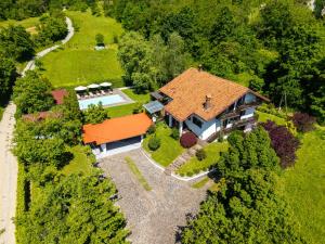 an overhead view of a house with an orange roof at Villa Bella, villa with heated Pool in Cerovlje
