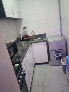 Una pequeña cocina con fregadero y refrigerador. en Graciano Suit's, en Lagos