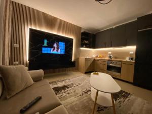 a living room with a couch and a tv in a kitchen at Saranda Apartment in Polisi i Vogël +11 photos