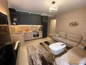a living room with a couch and a kitchen at Saranda Apartment in Polisi i Vogël