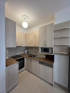 a kitchen with wooden cabinets and a sink at Relax Apartment Qerret in Golem