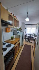 a kitchen with a stove and a dining room at Matej3 in Niš