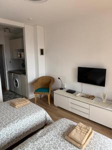 een woonkamer met 2 bedden en een flatscreen-tv bij Valle Luz Apartment Ocean View in Puerto de la Cruz