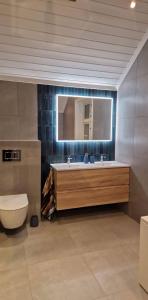 a bathroom with a sink and a mirror and a toilet at Solheimhuset - feriehus nær Tjøme og VerdensEnde in Tokenes