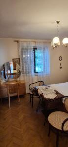 a living room with a table and chairs and a window at Senia Retro in Senj