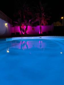 a swimming pool at night with purple lights at Au cocon des Corbière - La bohème in Lézignan-Corbières