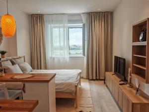 a bedroom with a bed and a tv and a window at Garsoniera Rin Grand in Bucharest
