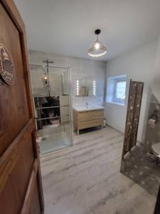 ein Badezimmer mit Dusche, Badewanne und Spiegel in der Unterkunft Domaine de LOLI in Saint-Girons + 24 Fotos