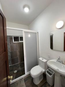 a bathroom with a toilet and a sink and a shower at La flor in Jiutepec