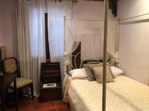Un dormitorio con una cama con dosel y una silla. en La viña bonita, en Gallegos de San Vicente
