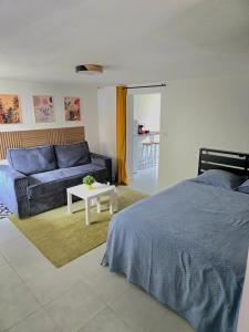 a bedroom with a blue bed and a couch at Grand studio cosy proche Paris in Épinay-sur-Seine