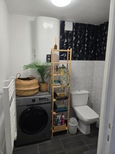 a bathroom with a washing machine and a toilet at Grand studio cosy proche Paris in Épinay-sur-Seine