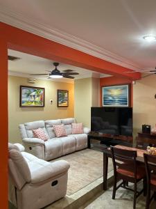 een woonkamer met een bank en een tv bij Blue Orchid Palms in Nassau