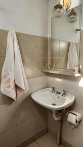 a bathroom with a sink and a mirror at Casa 2 ambientes con jardín y garage in Gualeguaychú