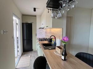 een keuken met een aanrecht met een vaas met een bloem erop bij Two Bedroom Mobile Home with Terrace and Sea View in Drage