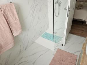 a bathroom with a shower with white marble walls at Vlla Magnolia Pirovac in Pirovac