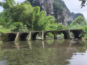 un pont sur une rivière avec une montagne en arrière-plan dans l'établissement CORAL Retreat, à Rewasau