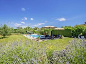 a garden with a swimming pool and umbrellas at Poolside Grand Retreat Villa in Vošteni