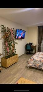 Un dormitorio con una cama y un televisor en la pared. en Bella Suit en La Candelaria en el corazón de Bogotá - Centro Histórico, en Bogotá