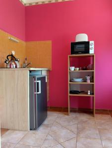 a kitchen with pink walls and a refrigerator at Apartman a Déliparton in Szántód