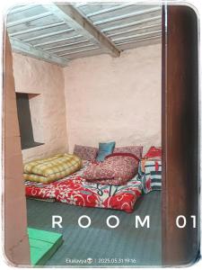 una habitación con dos camas en el medio de ella en Odin's Garden Cafe and Cottage, Kalga Kasol, en Kulu 3 fotos más