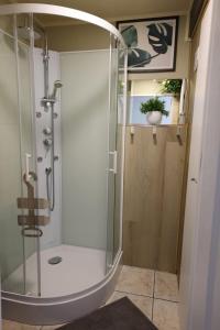 a shower with a glass door in a bathroom at Sobieszewska Ostoja in Gdańsk