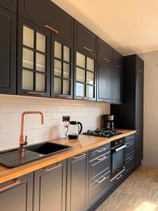 ソポトにあるViking Sopot Apartmentの黒いキャビネットとシンクのあるキッチン