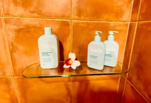 three bottles of soap and a flower on a shelf at Gunnadoo Holiday Hut with Ocean Views and Jacuzzi in Miallo