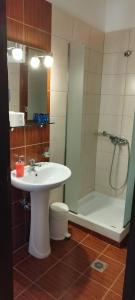 a bathroom with a sink and a shower at Denis Studios and Apartments in Paralia Katerinis
